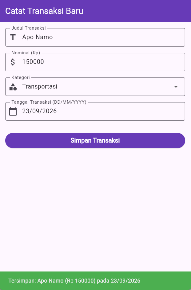 Output form setelah disimpan dengan SnackBar muncul